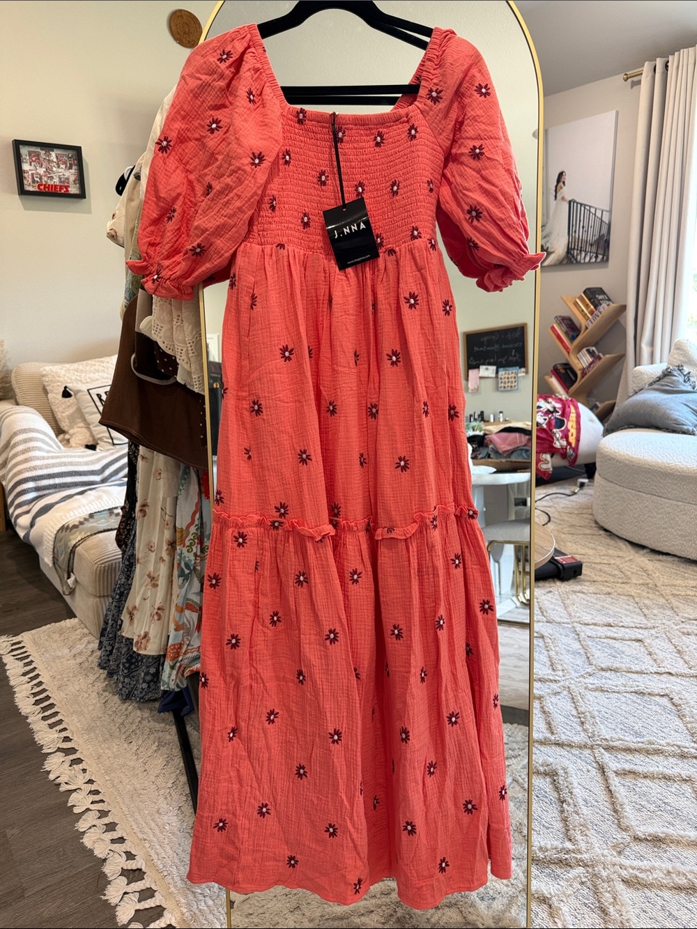 Smocked Coral Maxi Dress with Puff Sleeves and Daisy Embroidery